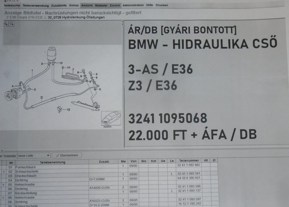 ÁR/DB [GYÁRI BONTOTT] BMW - HIDRAULIKA CSŐ  - 3-AS / E36 ; Z3 / E36  - 3241 1095068 5. kép